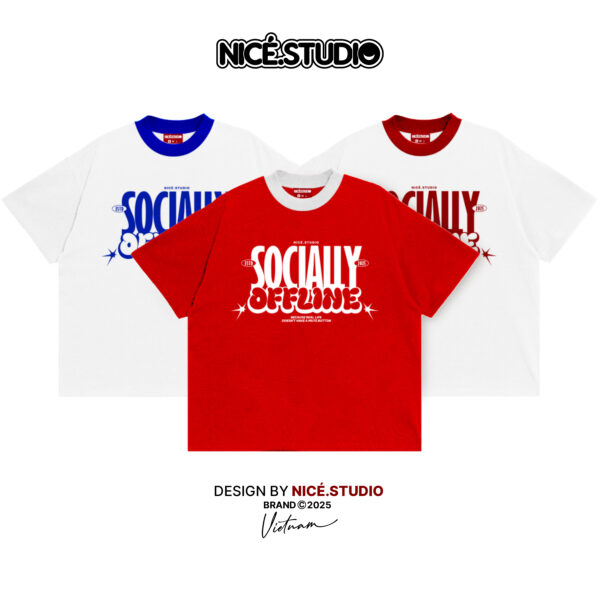 Áo Thun BOXY NICE.STUDIO phối cổ SOCIALLY OFFLINE - NICE - 3 COLOR - FORM BOXY 280gsm