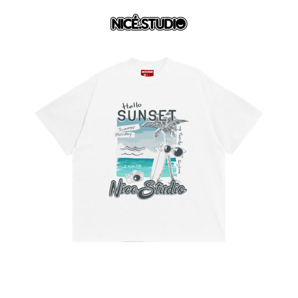 Áo thun boxy đi biển HELLO SUNSET NICE.STUDIO - TRẮNG - FORM BOXY - 280gsm - Ảnh 2